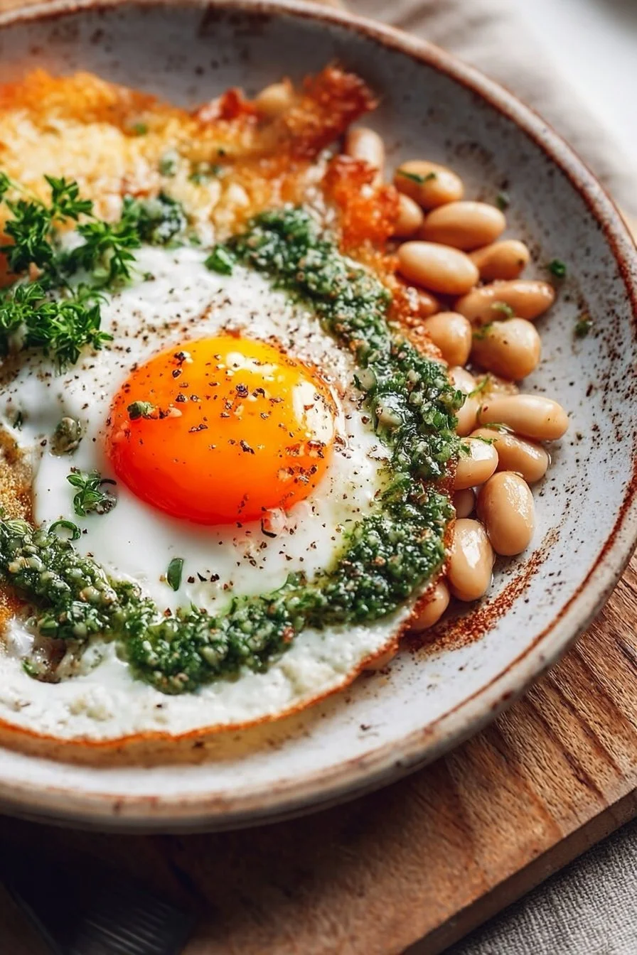 A Perfect Crispy Fried Egg with Parsley Pesto and Beans