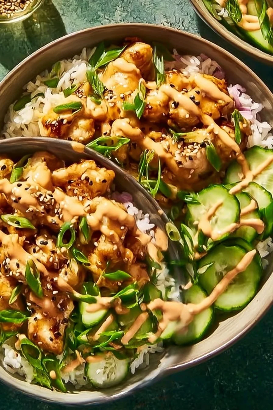 Delicious Bang Bang Chicken Bowl with colorful vegetables and a spicy sauce.