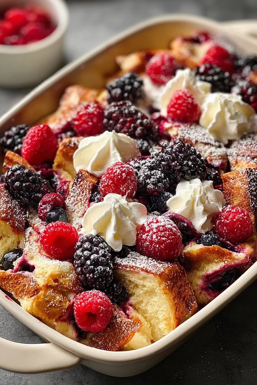 Berries & Cream French Toast Casserole topped with berries and cream sauce
