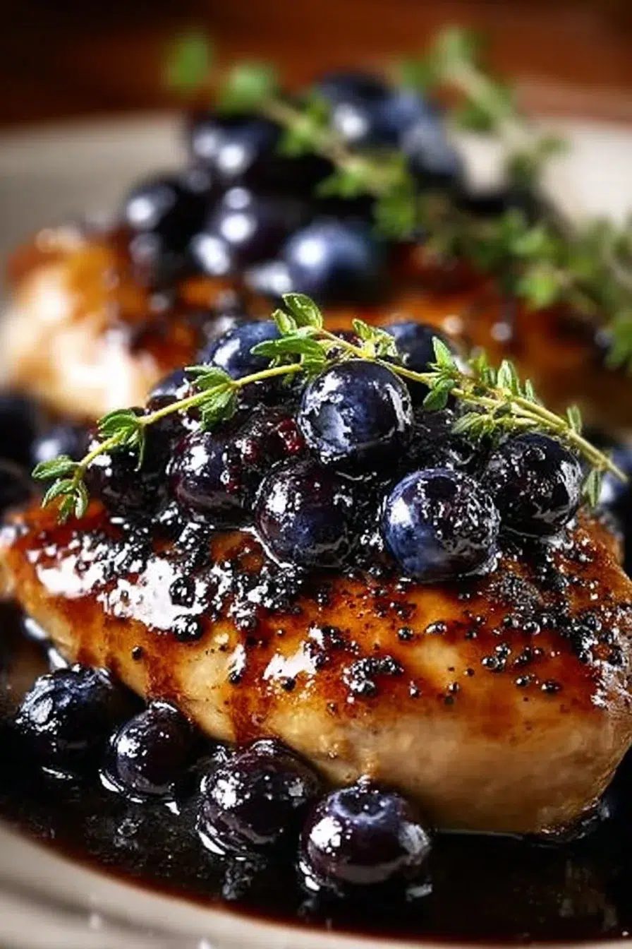 Delicious plate of blueberry thyme chicken garnished with herbs and berries.