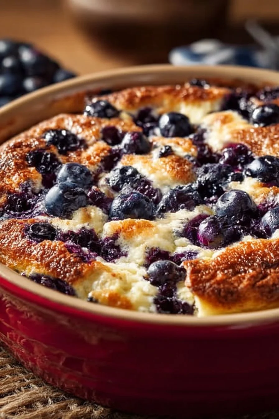 Blueberry Cottage Cheese Breakfast Bake topped with fresh blueberries