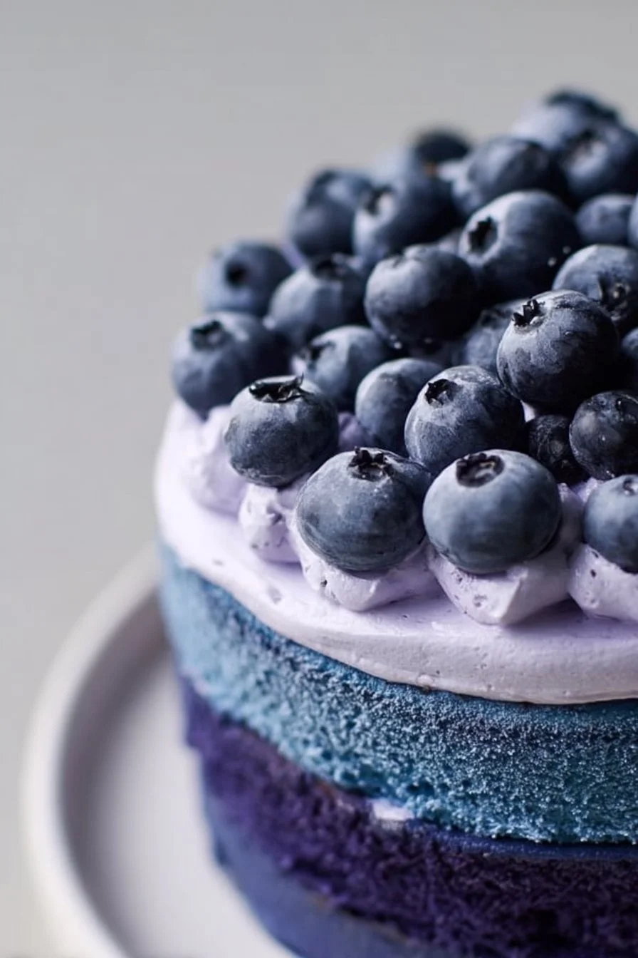 Delicious Blueberry Velvet Cake topped with cream and fresh blueberries