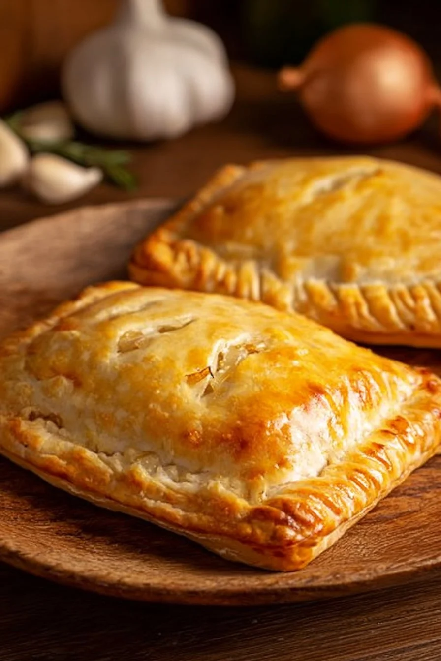 Cheese, onion, and potato hand pies on a serving plate