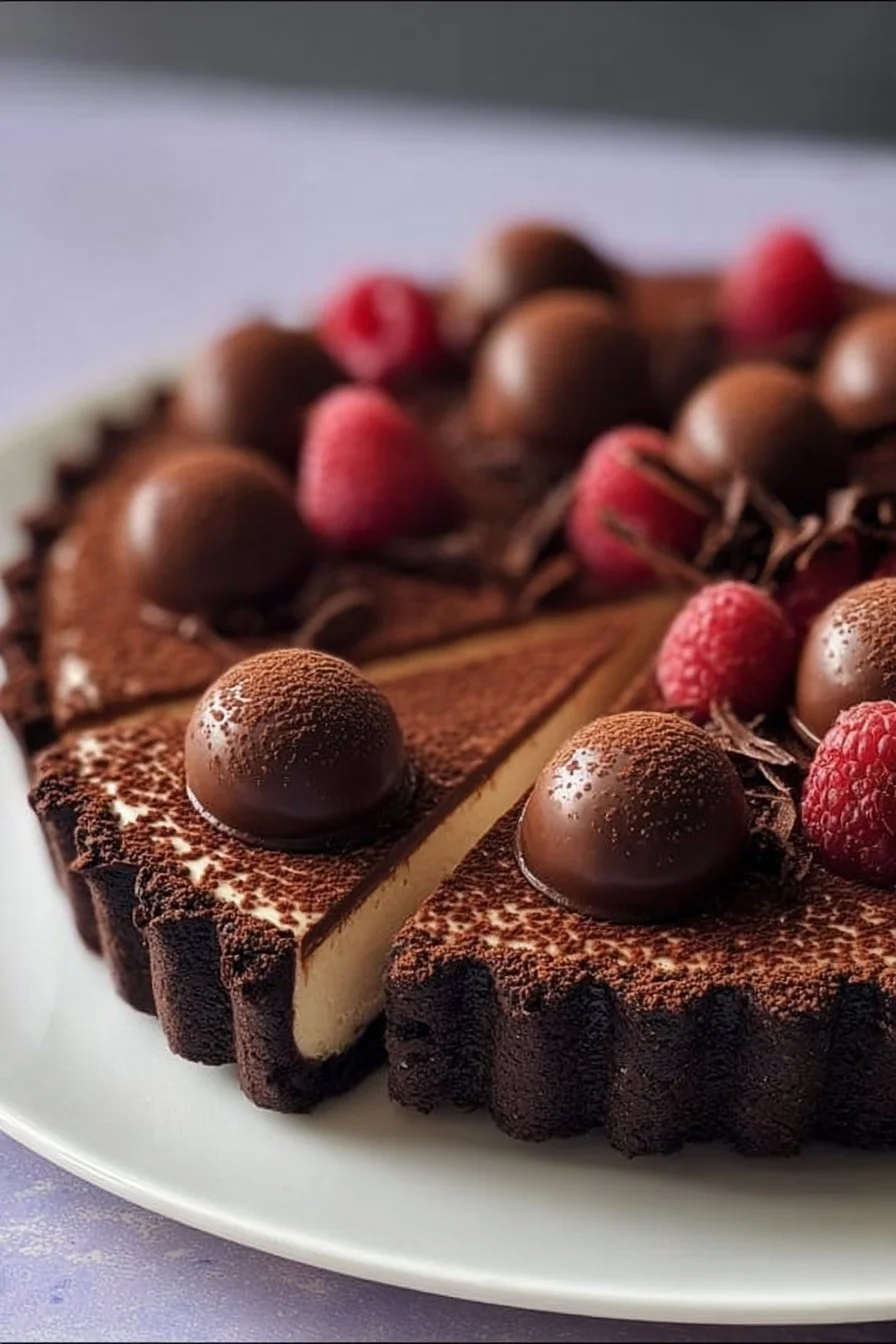 Delicious Chocolate Espresso Tart topped with mascarpone cream and cocoa