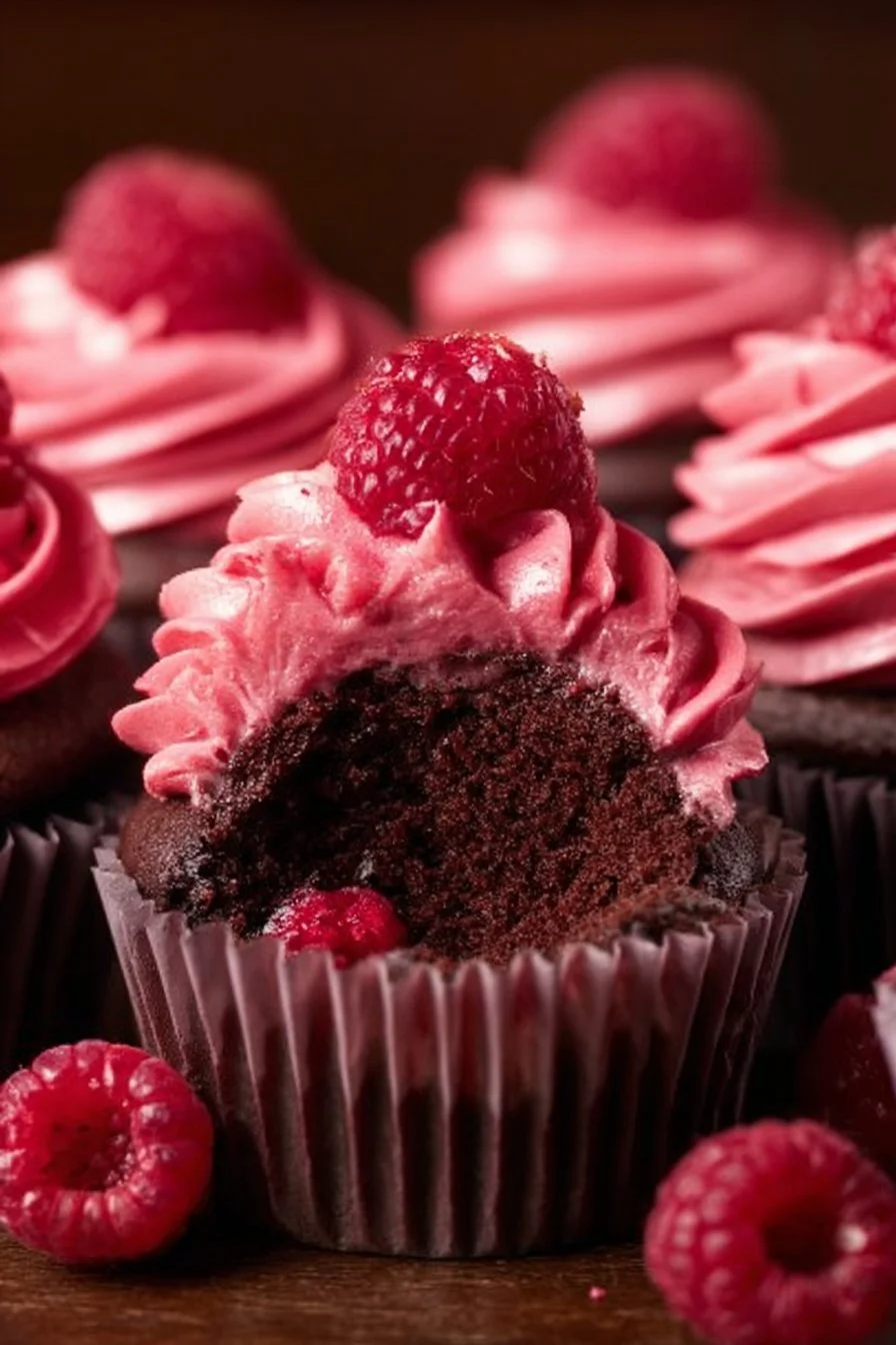 Delicious Chocolate Raspberry Cupcakes topped with fresh raspberries and chocolate frosting.