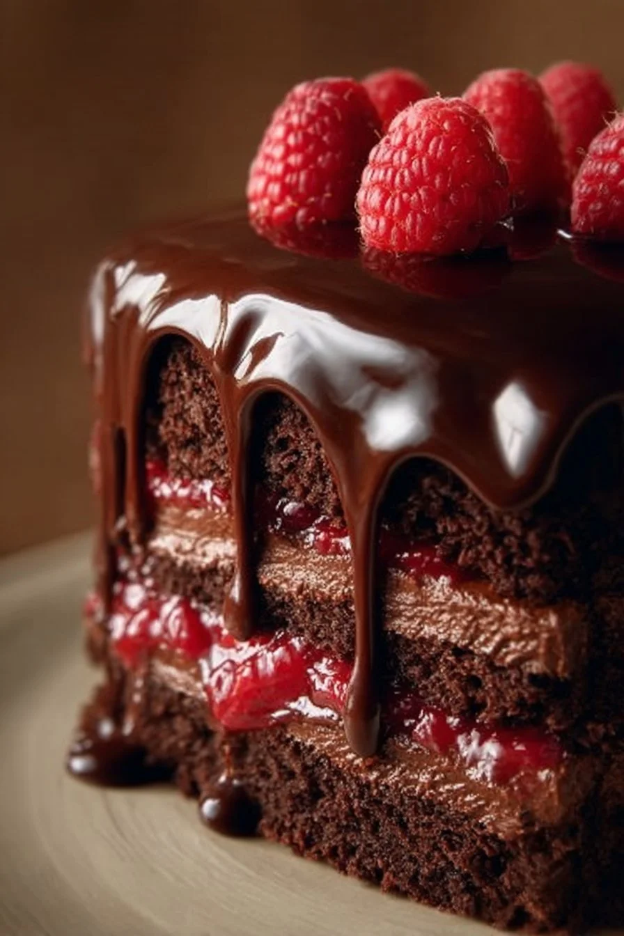 Decadent Chocolate Raspberry Truffle Cake with fresh raspberries and chocolate ganache