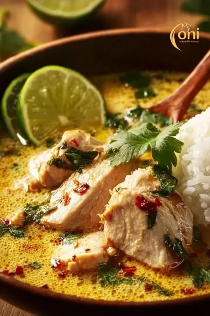 Coconut Chicken Brothy Rice served in a bowl, showcasing its delicious and cozy ingredients.
