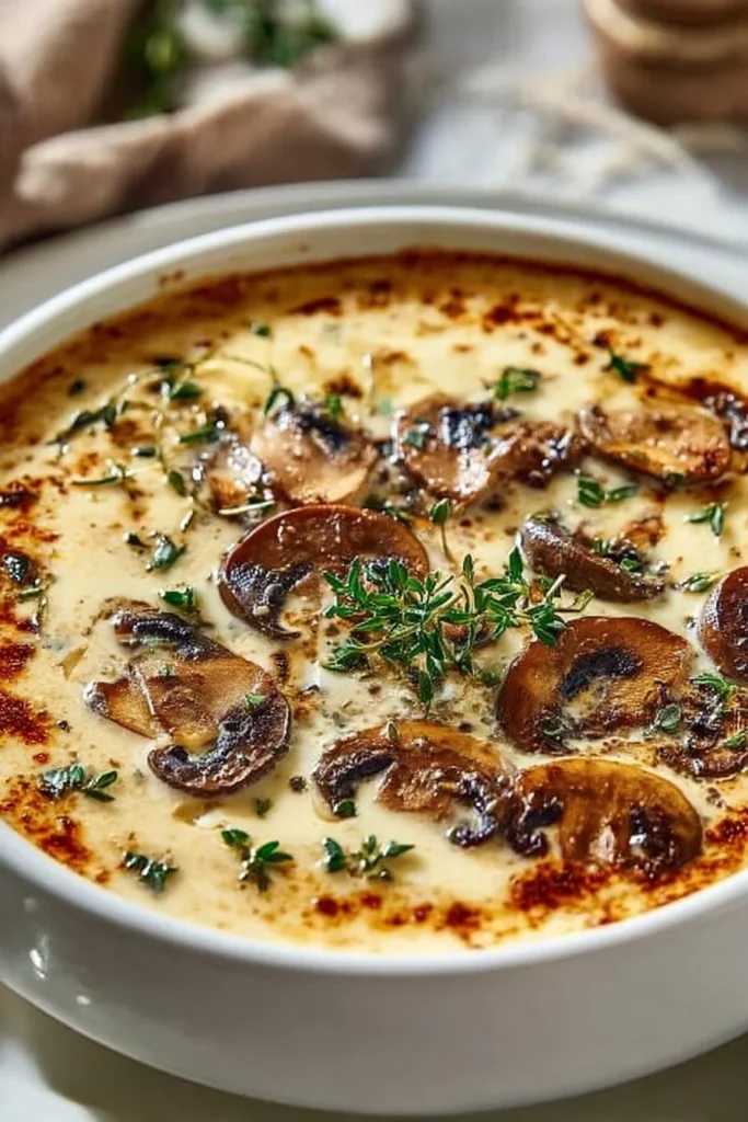 A bowl of creamy Cottage Cheese Mushroom Soup garnished with herbs