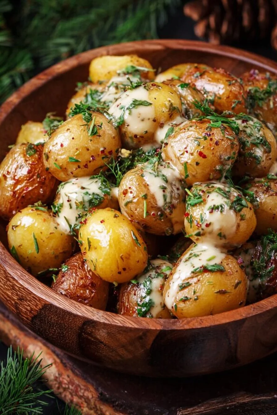 Creamy mustard roasted potatoes served in a dish with herbs