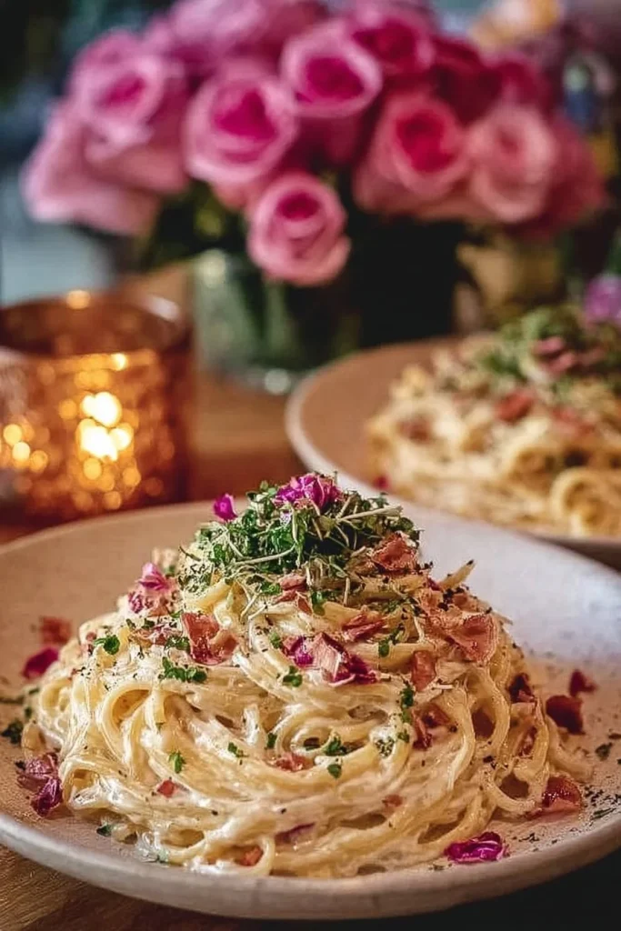 Creamy pink Alfredo pasta garnished with parsley and served in a bowl.