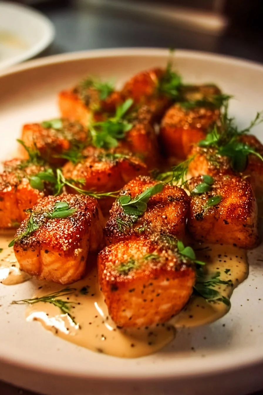 Crispy Bang Bang Salmon Bites served with a spicy dipping sauce