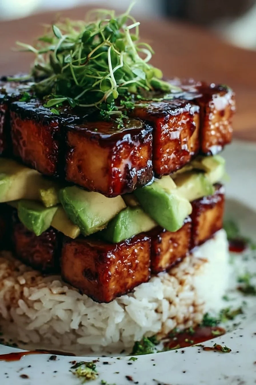 Crispy Teriyaki Tofu and Avocado Rice Stack Recipe