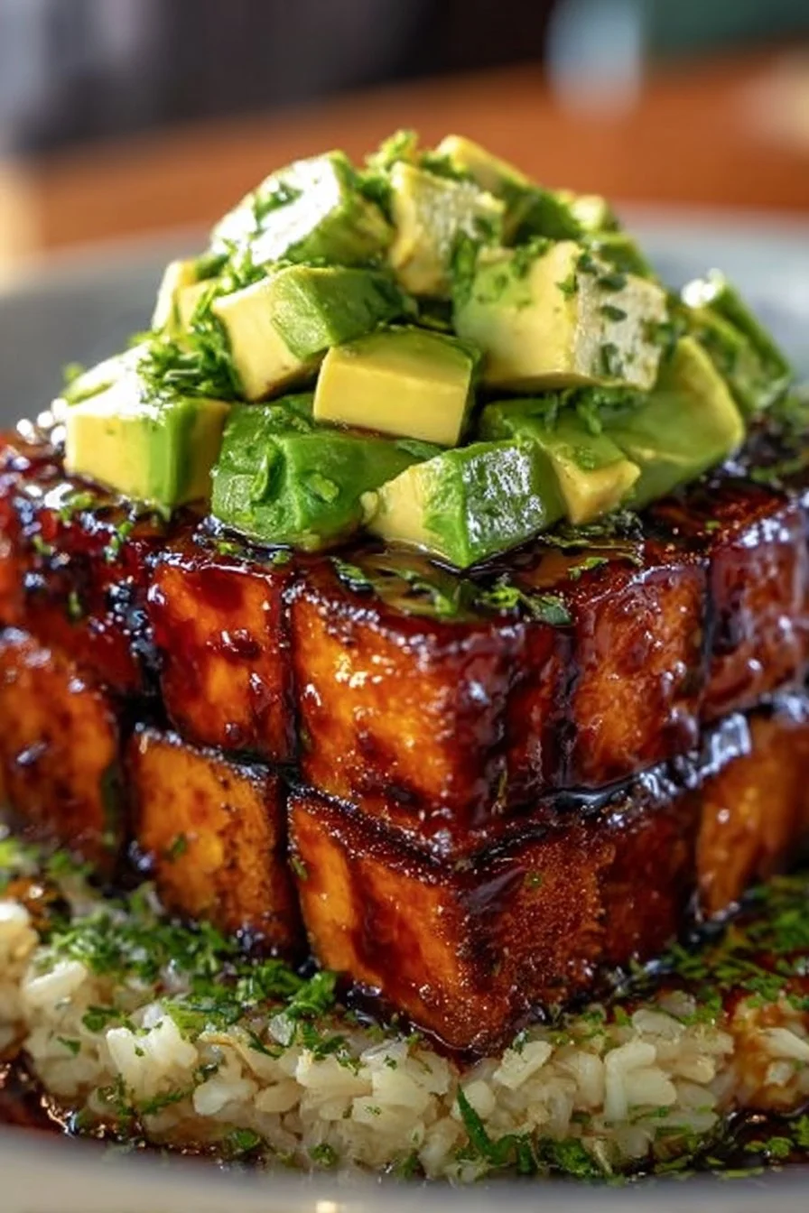 Crispy Teriyaki Tofu and Avocado Rice Stack Recipe