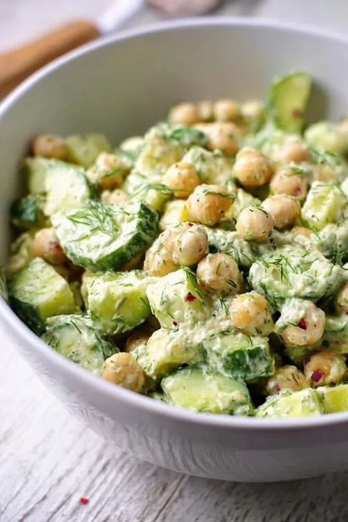 Cucumber Chickpea Dill Salad with fresh vegetables and herbs