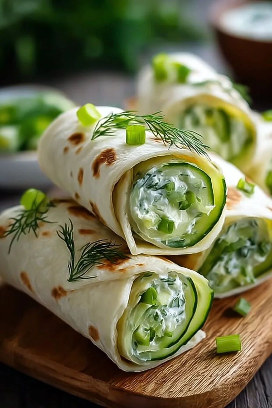 Cucumber cottage cheese wraps on a plate, ready to be enjoyed.