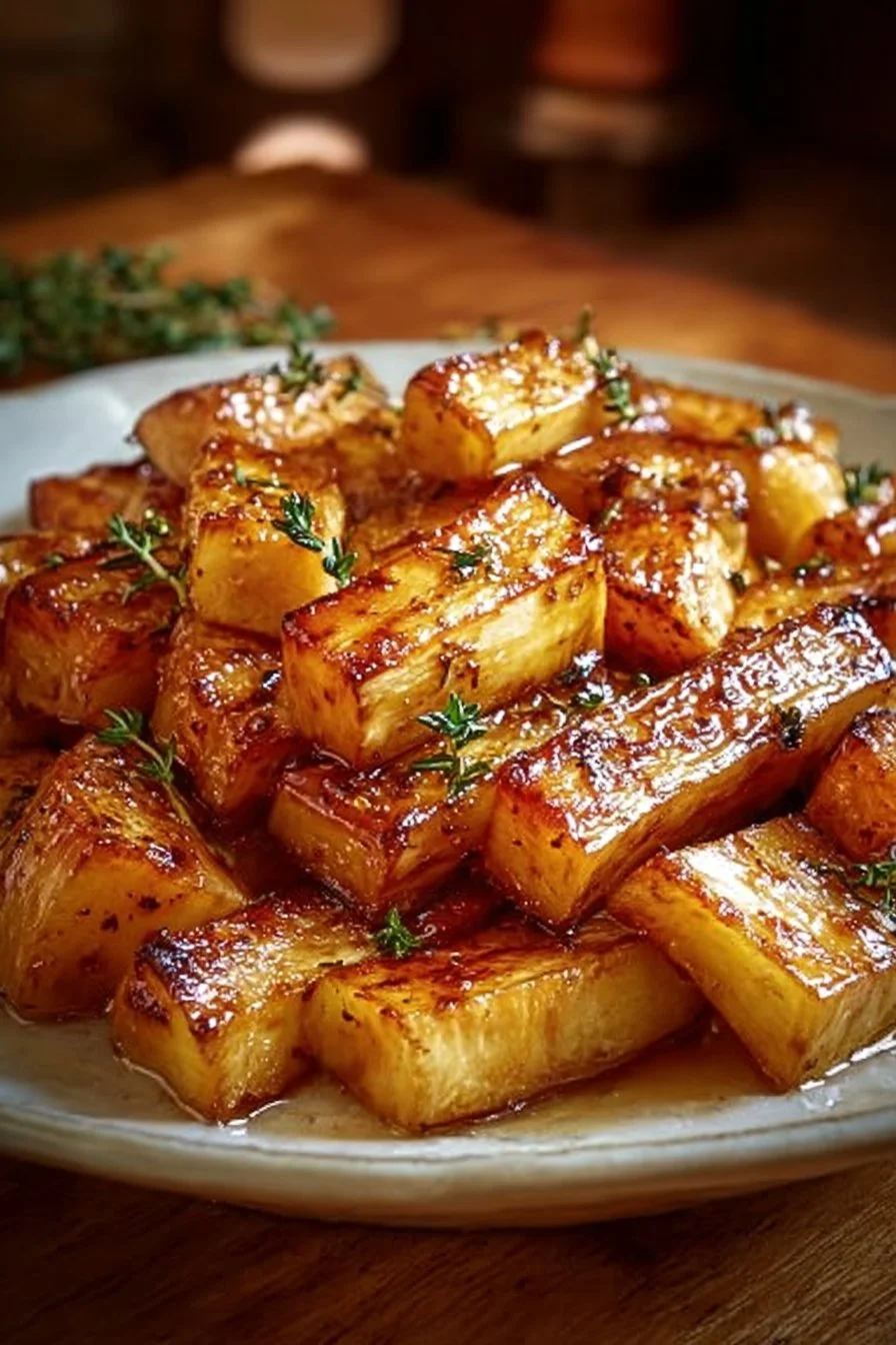 Maple roasted parsnips with thyme served in a cozy dinner setting