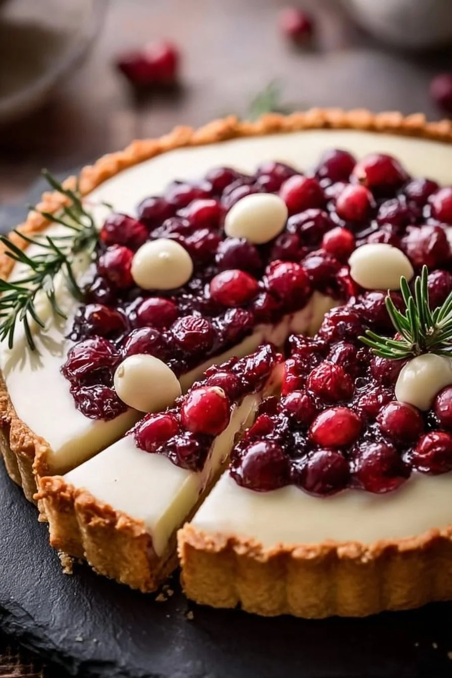 White Chocolate Cranberry Tart topped with cranberries and white chocolate drizzle