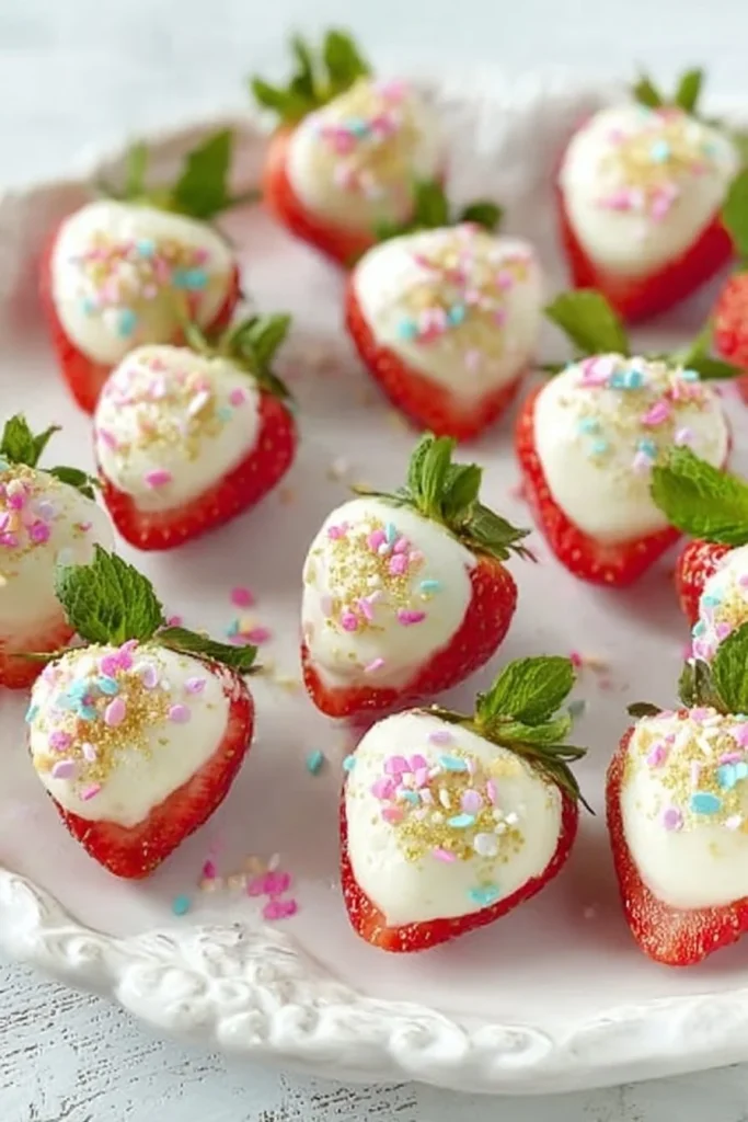 Platter of deviled strawberries filled with creamy filling