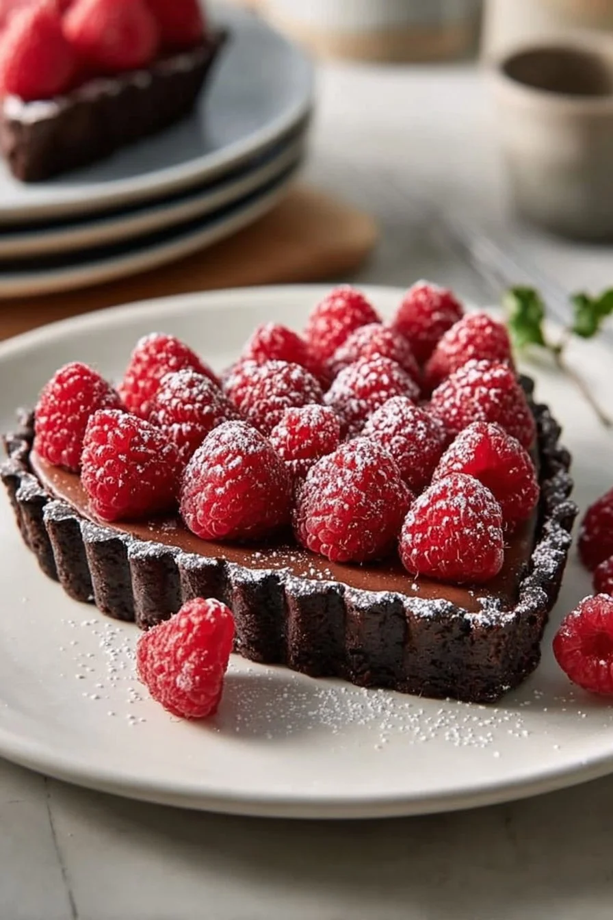 Delicious easy chocolate raspberry tart topped with fresh raspberries