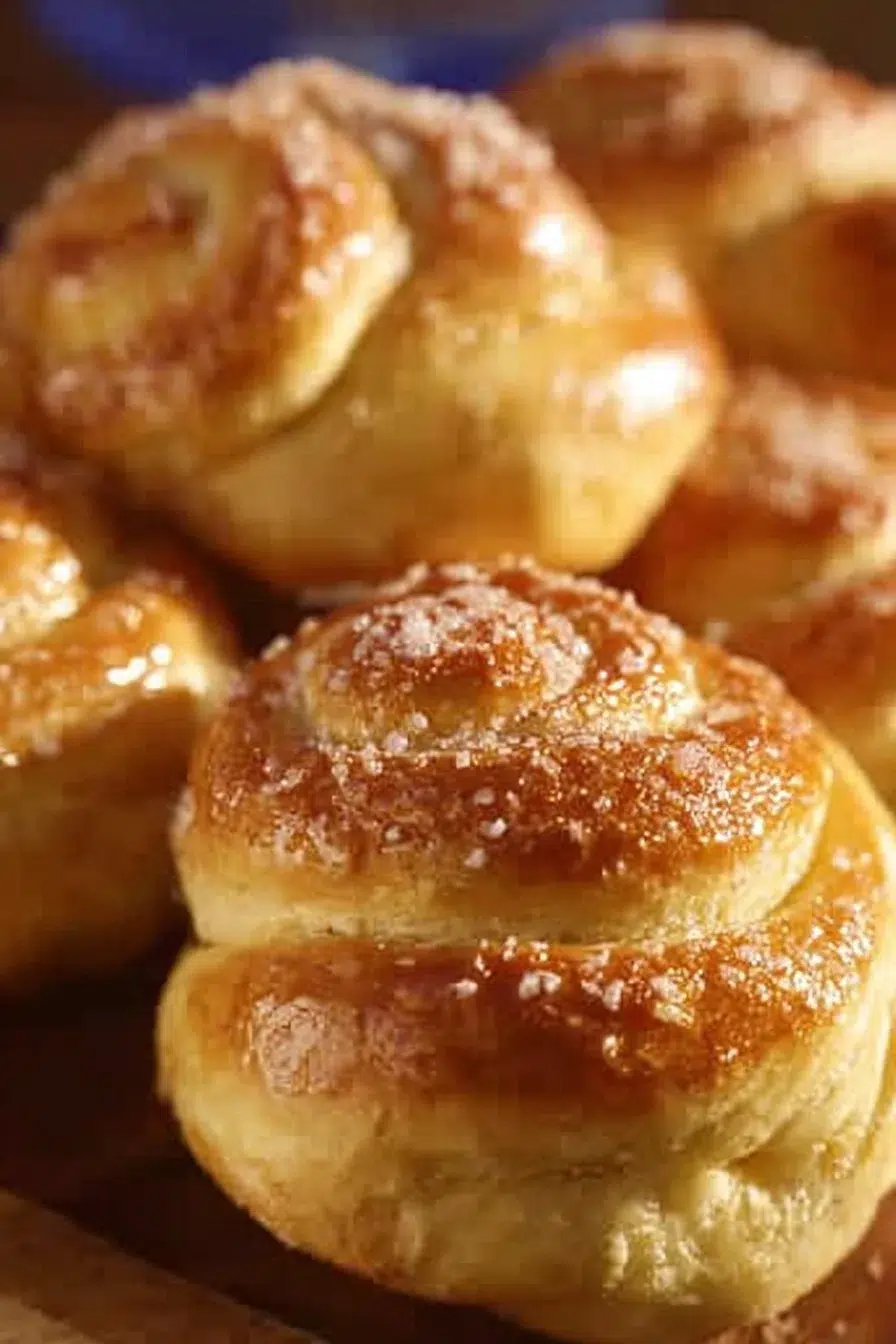 Freshly baked Egyptian sweet bread rolls on a wooden table