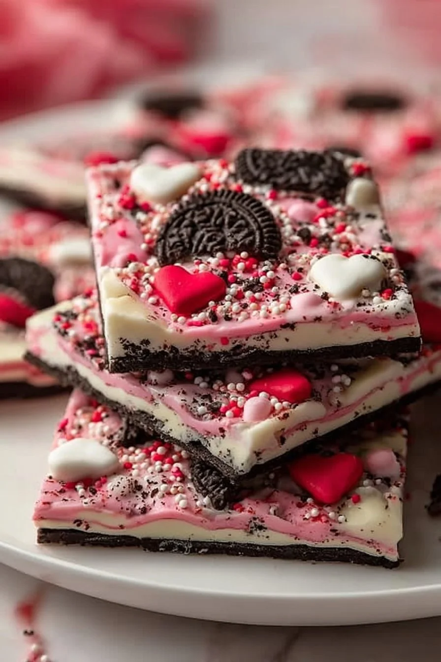 Delicious Valentine's Oreo Bark decorated with festive sprinkles and hearts