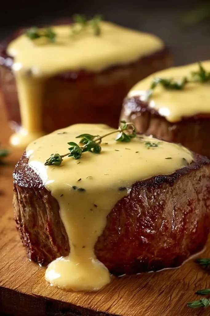Delicious Filet Mignon with creamy Béarnaise Sauce plating.