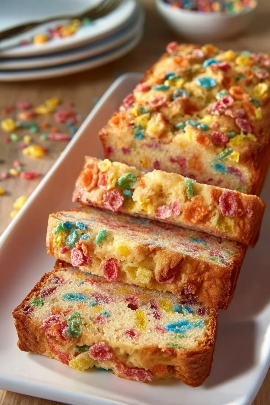 Fruity Pebbles Breakfast Bread, a colorful and sweet morning treat