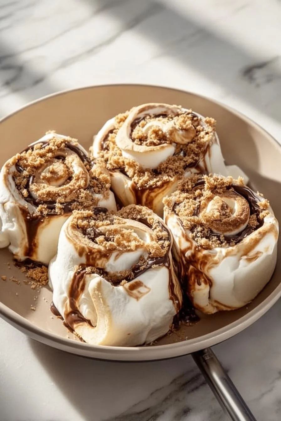 Delicious gooey s'mores rolls on a plate, perfect for dessert lovers.