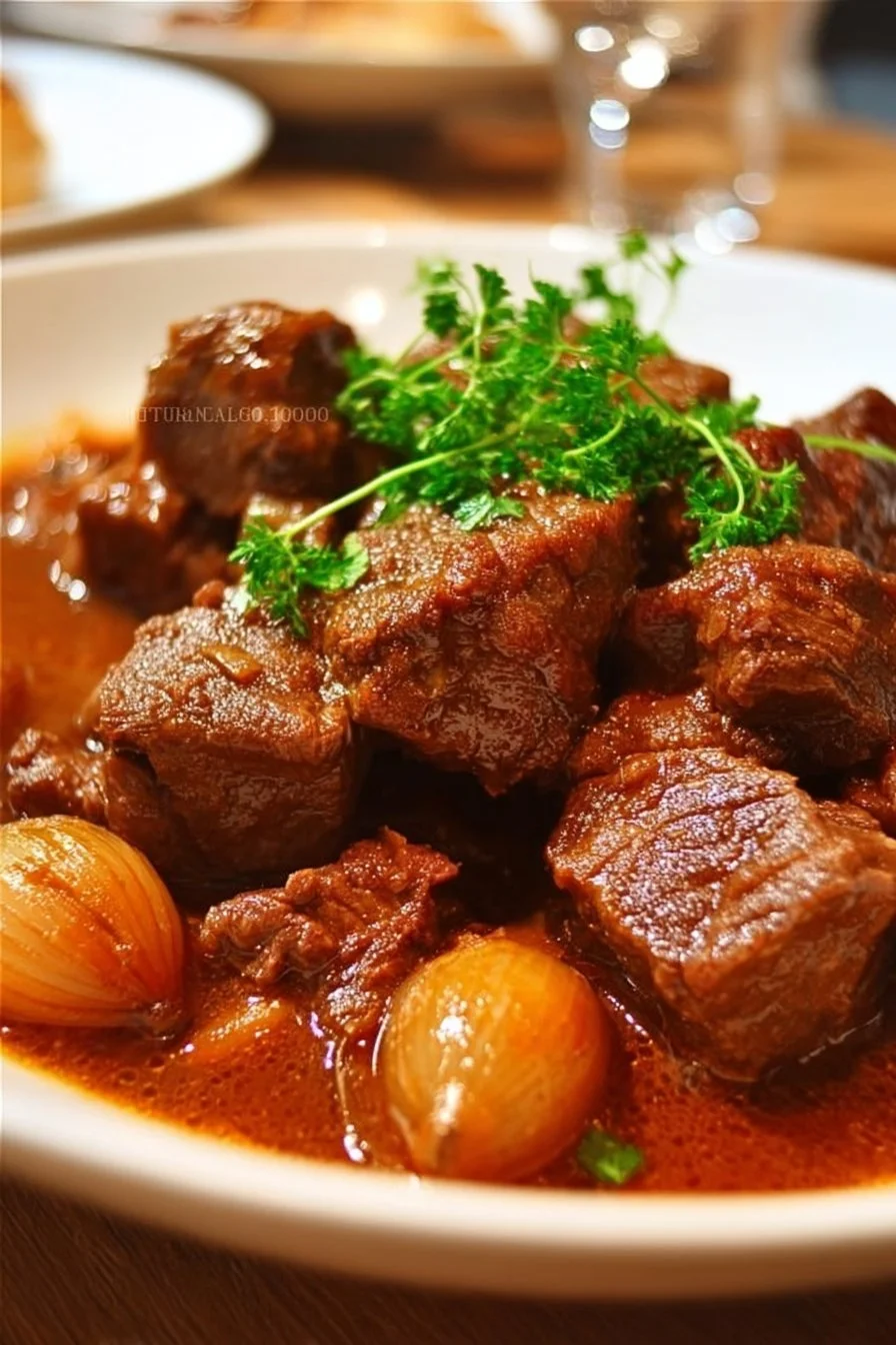 A delicious serving of Greek Beef Stifado with tender beef and aromatic spices