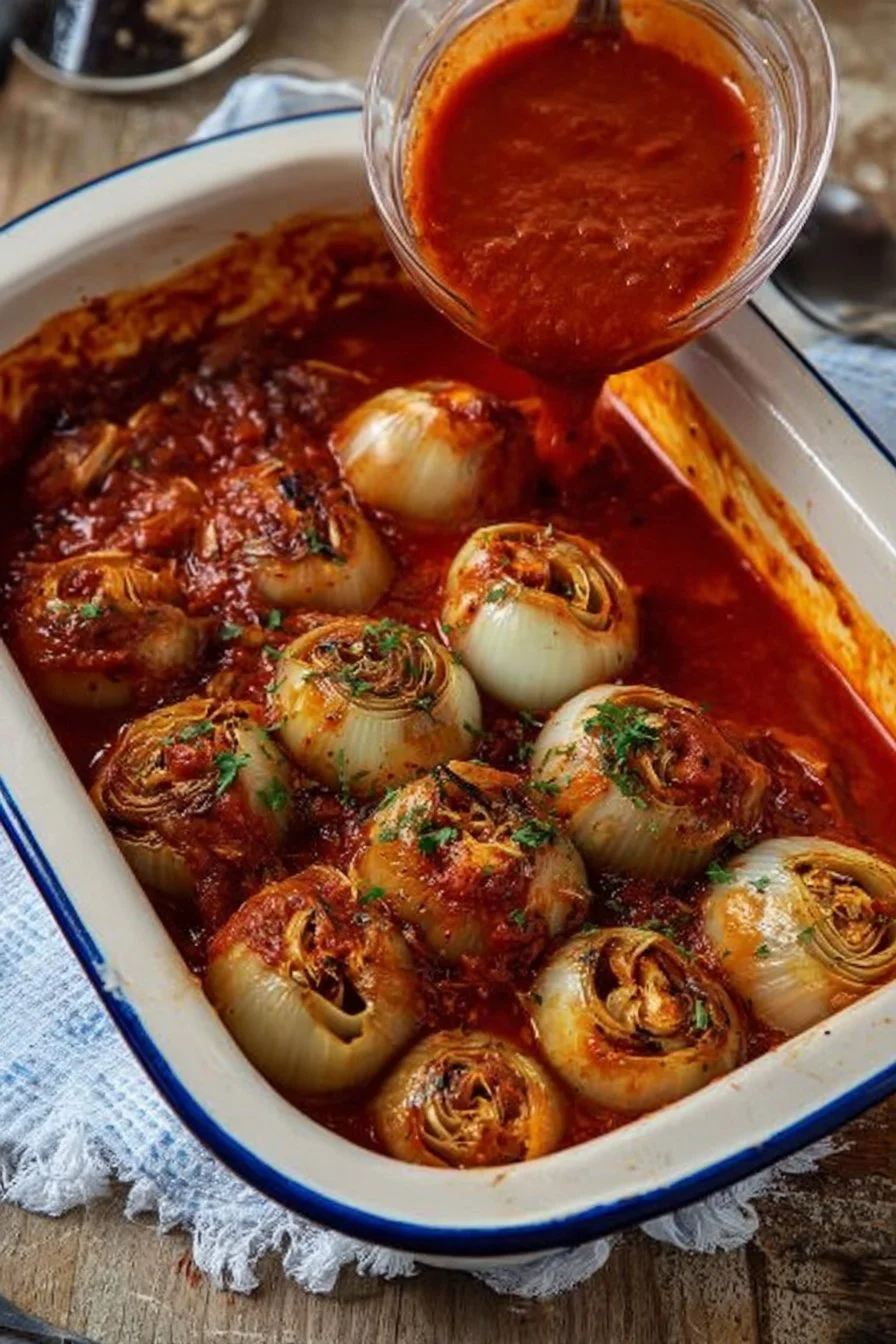 Delicious Greek stuffed onions (Salantourmasi) with savory filling.