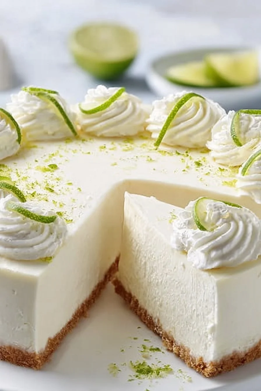 Delicious Greek Yogurt Lime Cheesecake slice on a plate with lime garnish