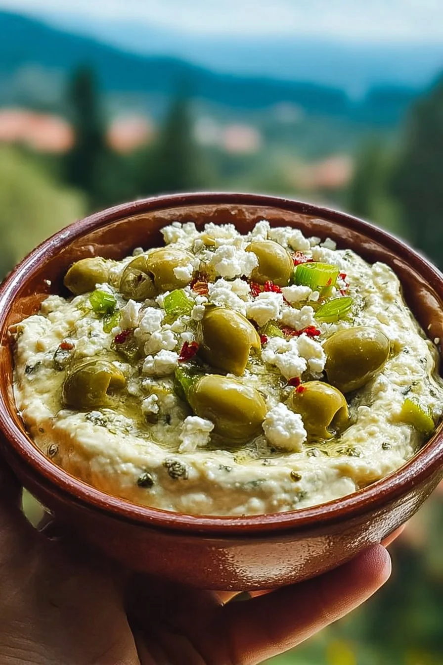 Delicious Green Olive and Feta Cheese Dip served in a bowl with crackers.