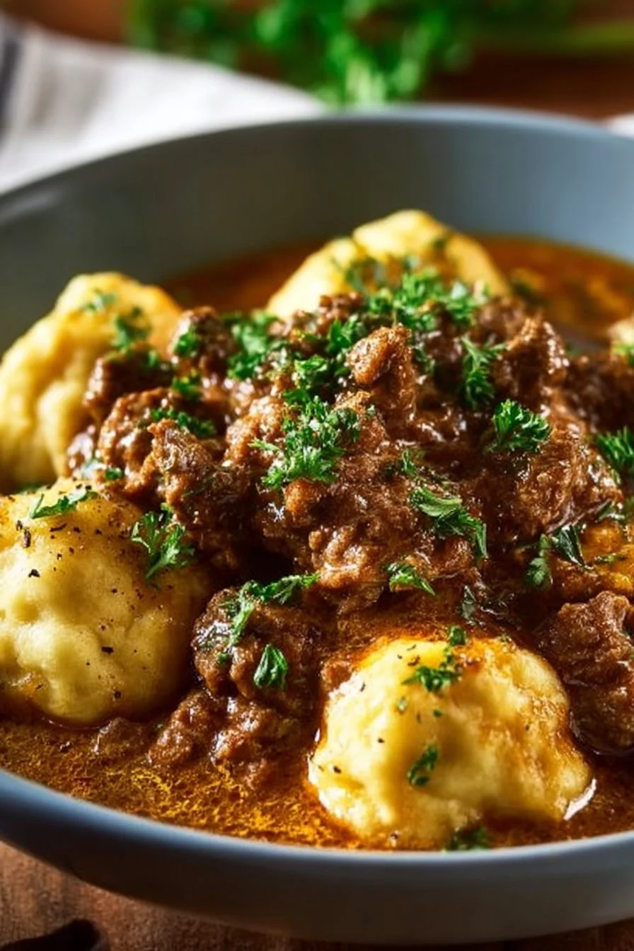 Delicious dish featuring ground beef and dumplings served in a bowl.