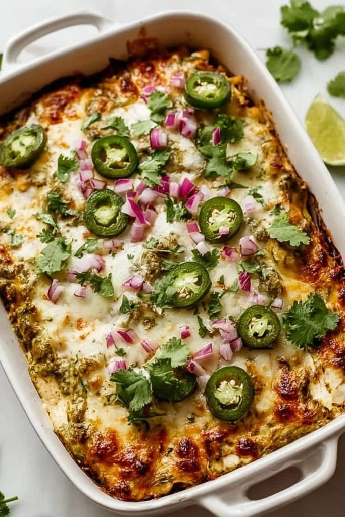 Healthy salsa verde chicken casserole with vegetables and cheese