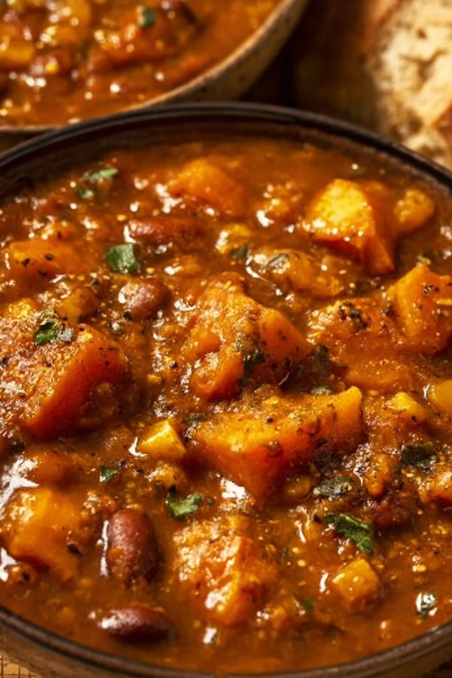 Hearty vegan sweet potato stew filled with colorful vegetables and spices.