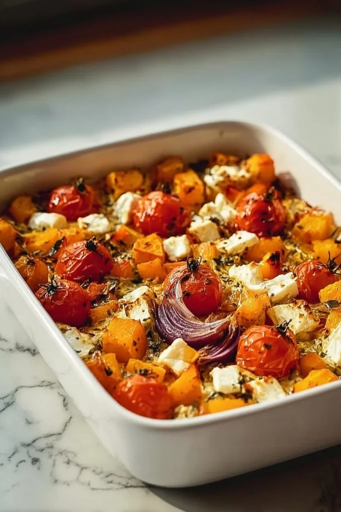 Delicious homemade butternut squash bake topped with herbs and spices