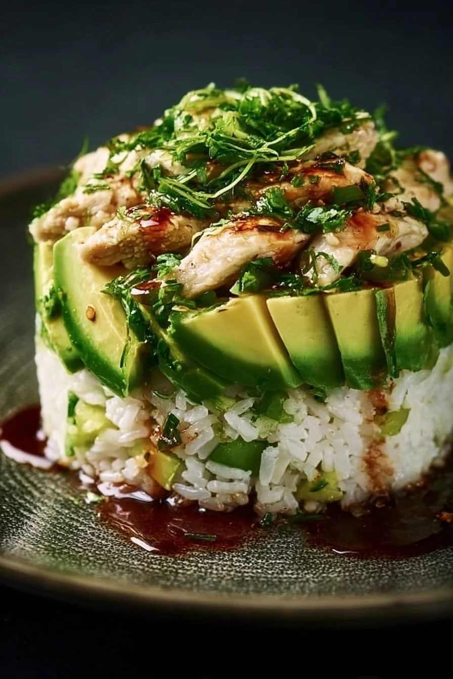 Honey Lime Chicken Stack topped with fresh herbs and lime slices.