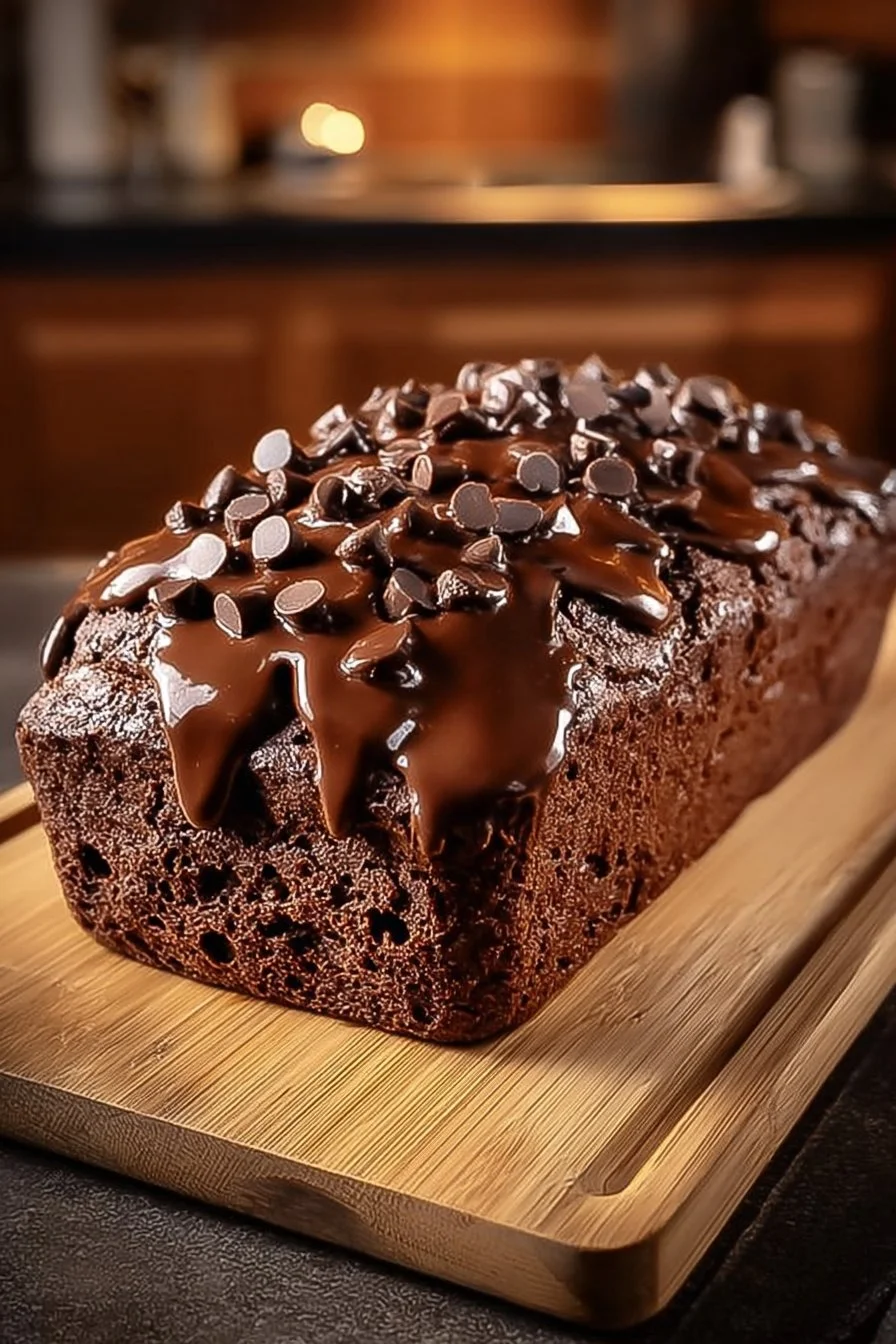 Hot Fudge Brownie Bread fresh out of the oven, drizzled with rich chocolate fudge.
