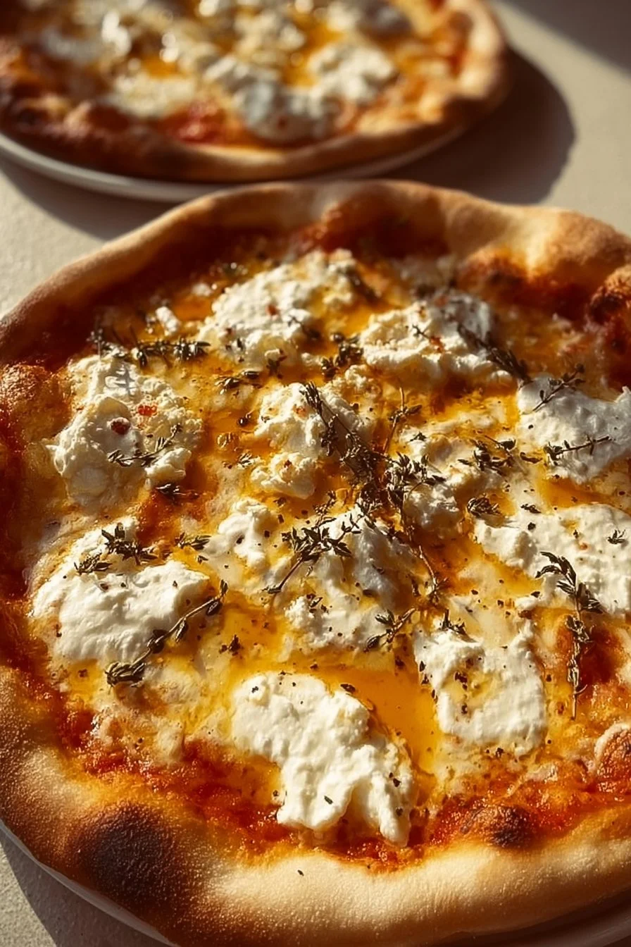 A slice of hot honey ricotta pizza topped with drizzled honey and fresh herbs