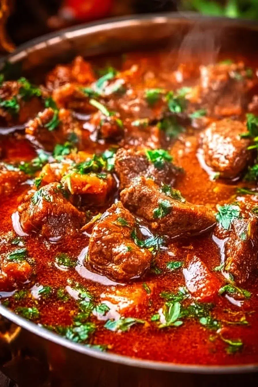 Delicious Kokkinisto served with fresh herbs and red sauce