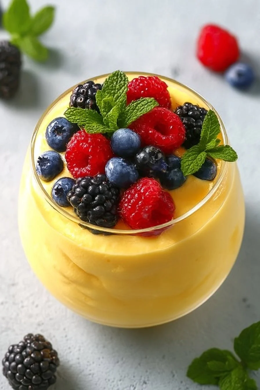 Creamy lemon cottage cheese mousse served in a bowl with lemon slices