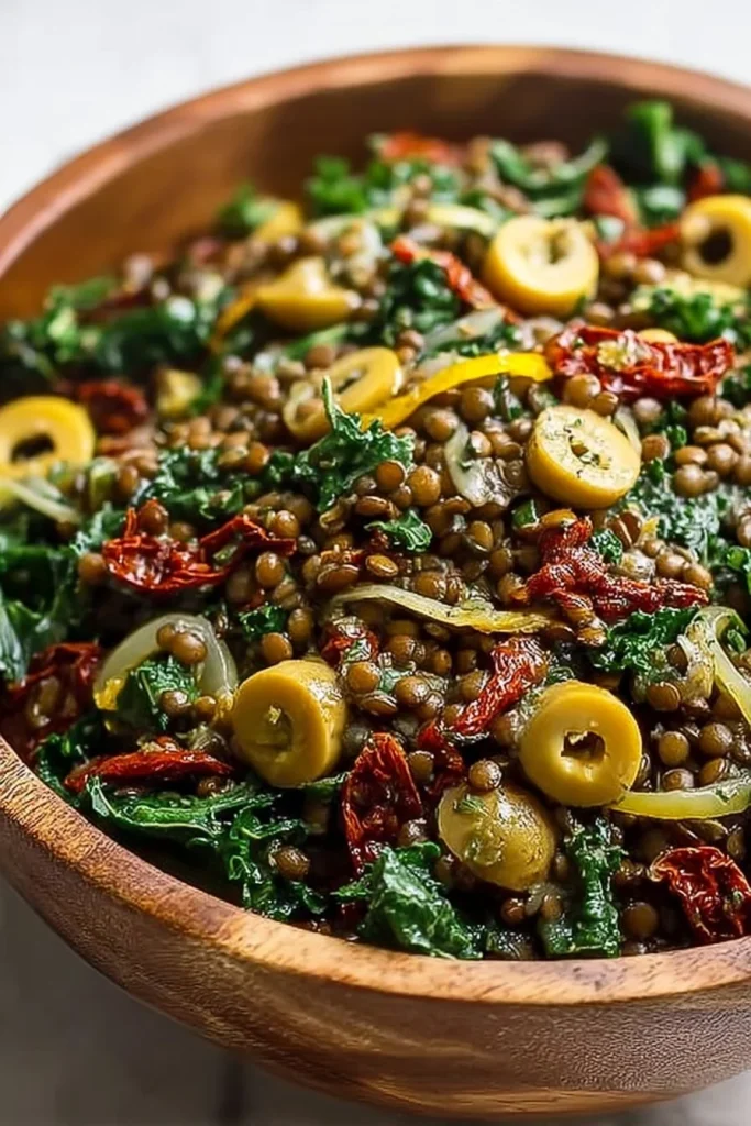 Bowl of Lemon Pesto Lentil Salad with fresh ingredients and vibrant colors
