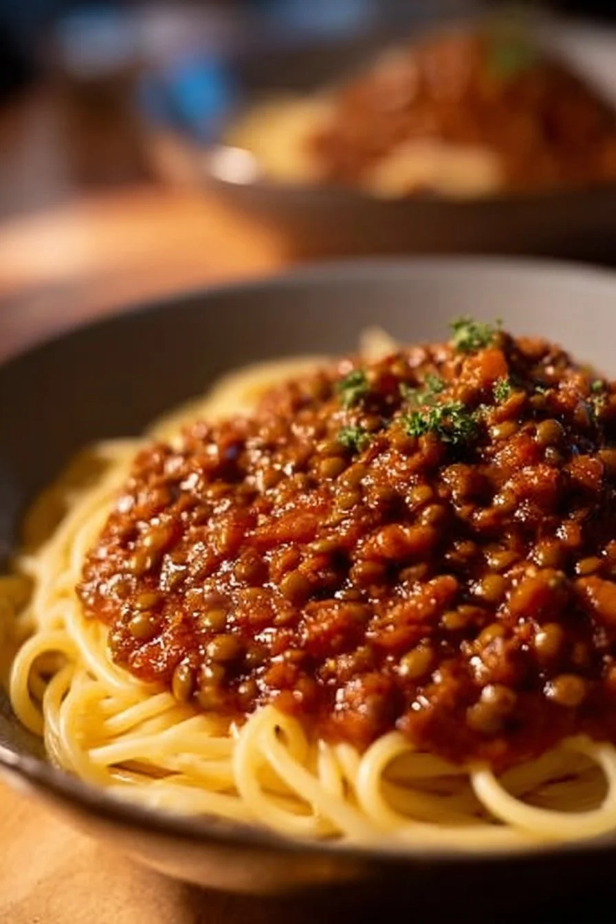 A bowl of hearty Lentil Bolognese with fresh herbs and pasta
