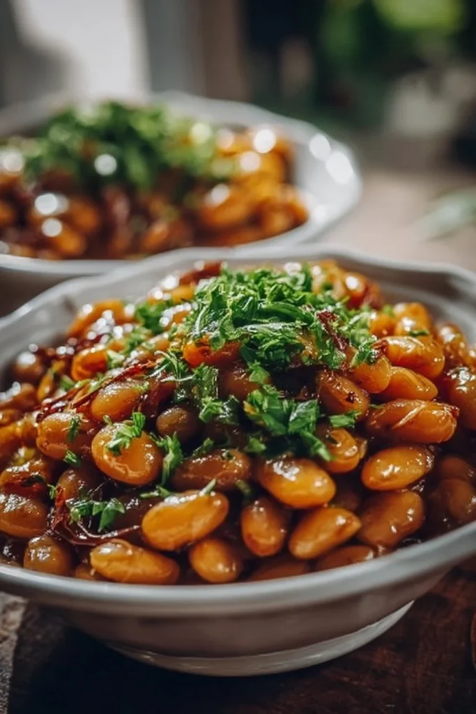 Bowl of Maple Butter Baked Beans topped with fresh herbs
