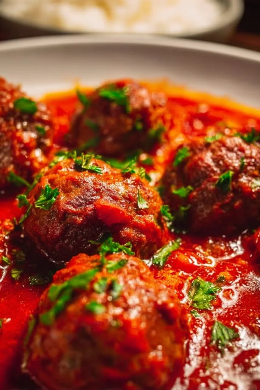 Delicious meatballs in tomato sauce, a Mediterranean soutzoukakia dish.
