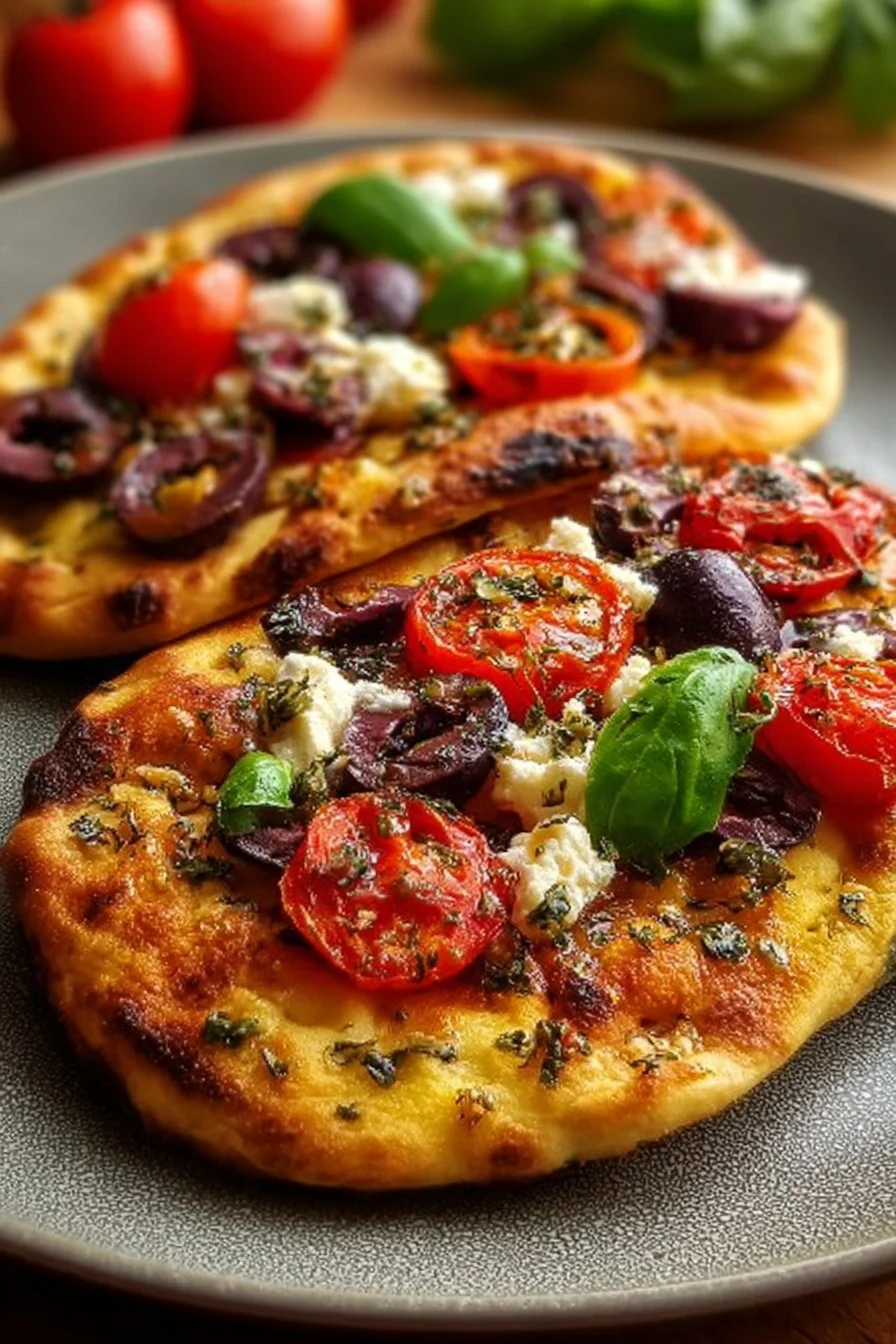 Mediterranean naan bread pizza topped with fresh ingredients and herbs