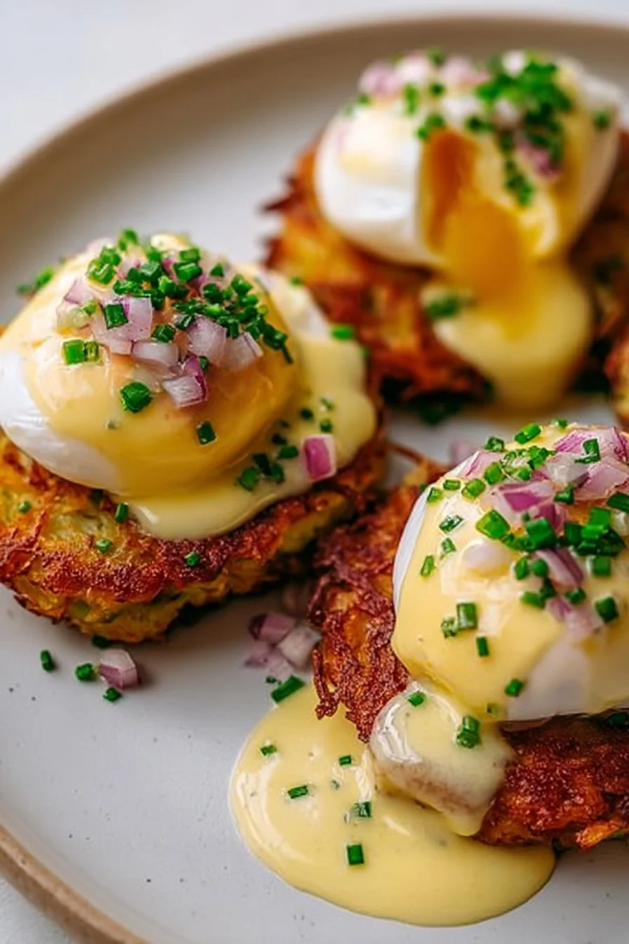 Delicious latke eggs benedict served on a plate