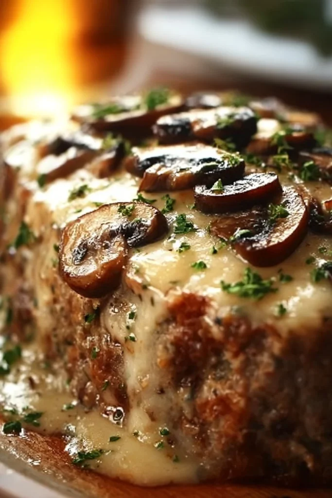 Delicious Mushroom Swiss Cheese Meatloaf served with a side of vegetables