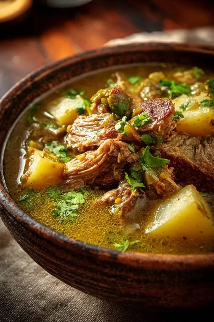 Bowl of New Mexico Green Chile Stew with fresh ingredients and spices