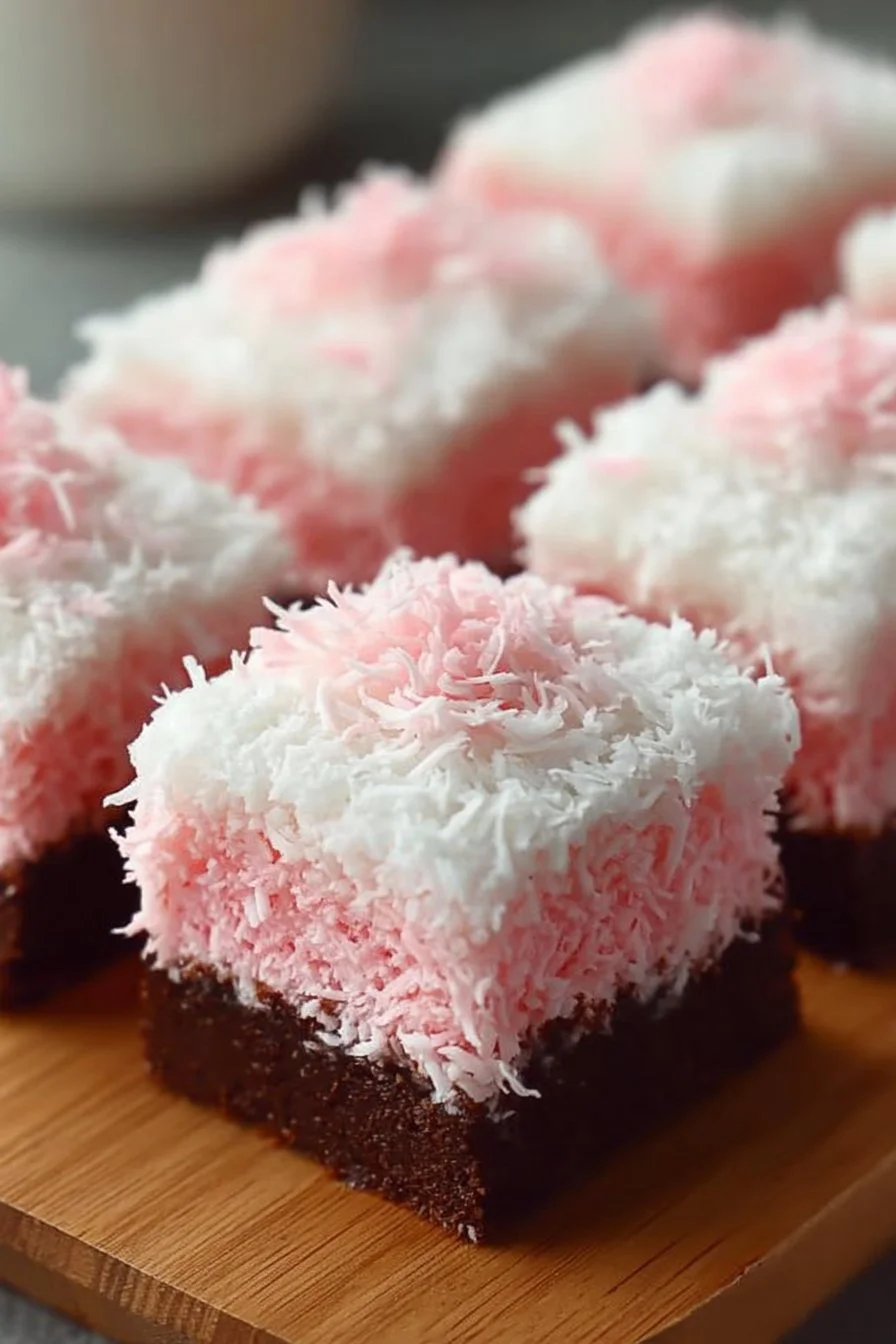 Slice of pink coconut snowball cake bars topped with shredded coconut.